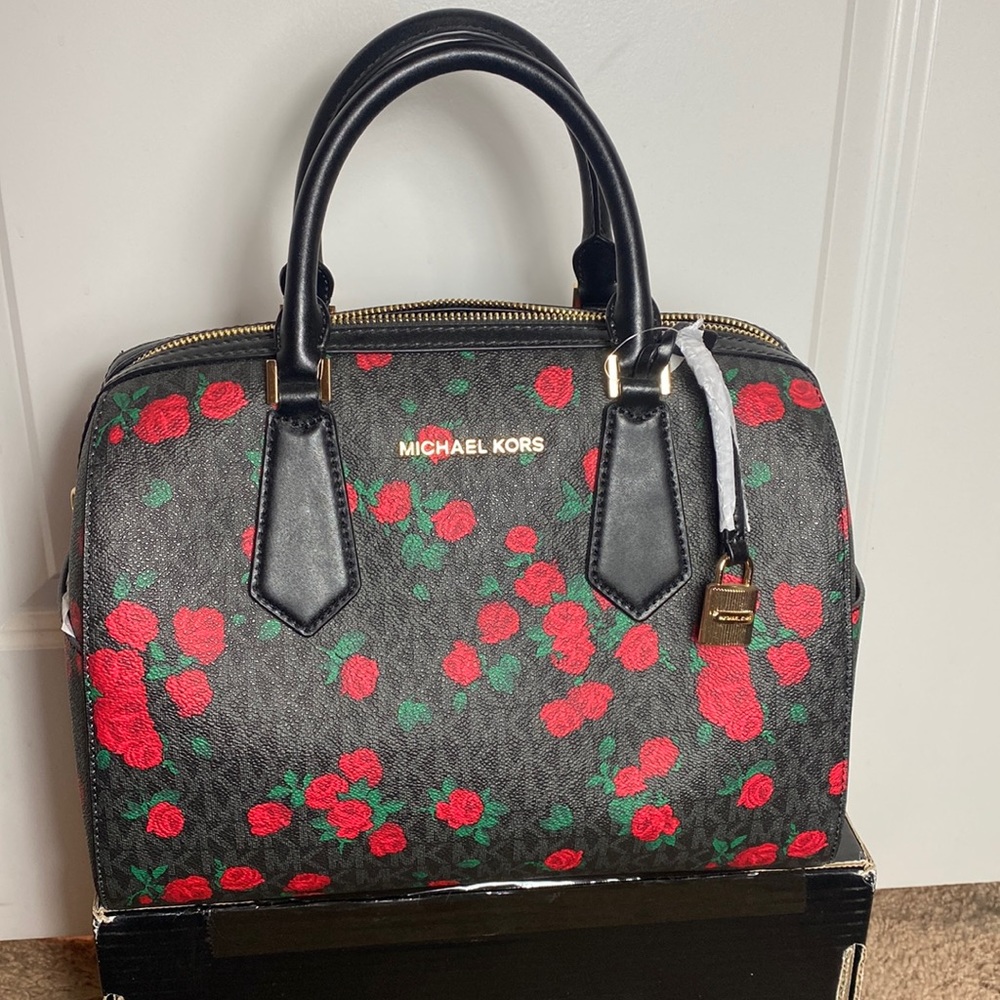 Micheal Kors Hayes large duffle black and red Roses